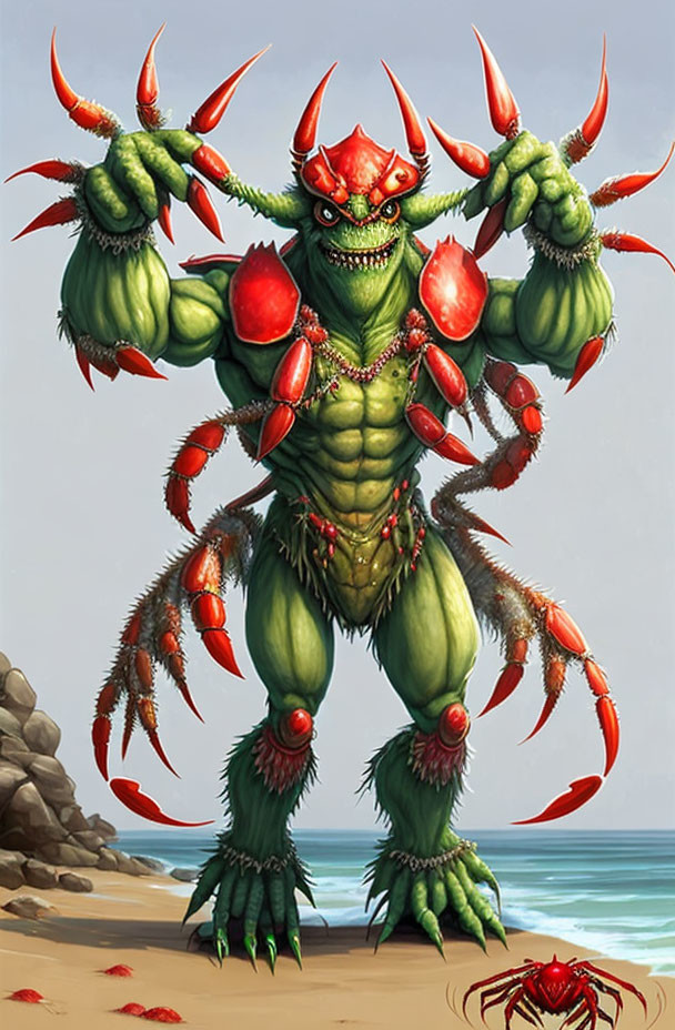 Muscular Green Creature with Red Eyes and Crustacean Features on Beach