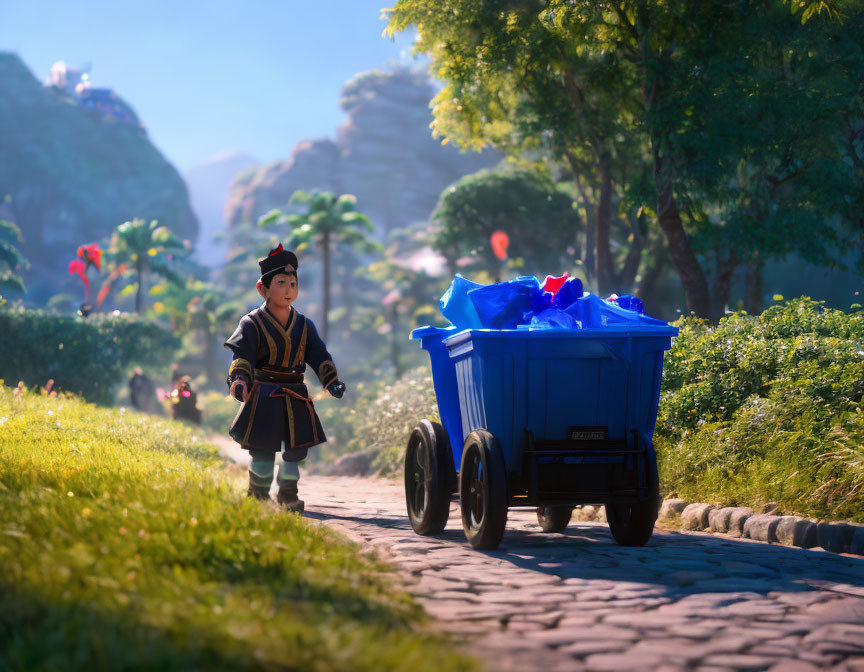 Young animated character in traditional attire next to blue rolling bin full of crystals on cobblestone path surrounded