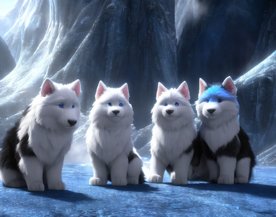 Four animated husky puppies with blue eyes on icy terrain surrounded by icicles