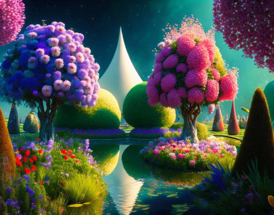 Colorful Fantasy Landscape with Whimsical Trees, Flowers, and White Tower