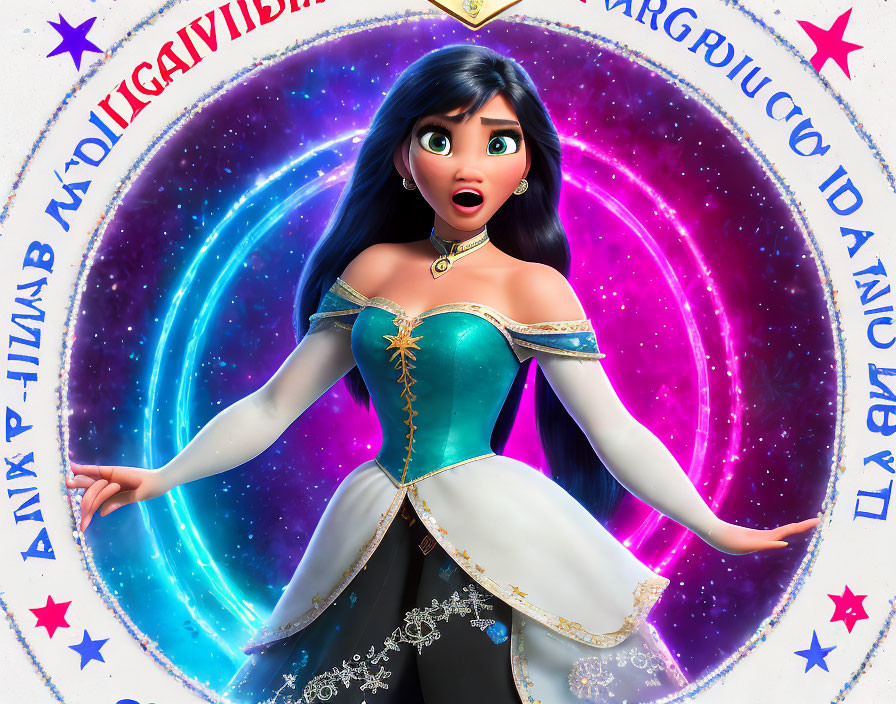 Animated princess in turquoise & gold dress with long black hair, surrounded by magical portal.