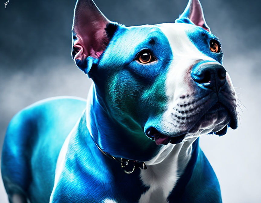 Blue-tinted dog with perked ears and collar on gray background