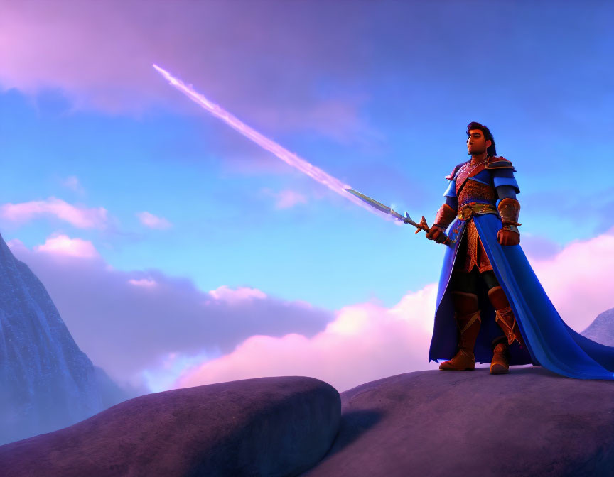 Regal blue and gold armored warrior with glowing sword on rock under purple sky