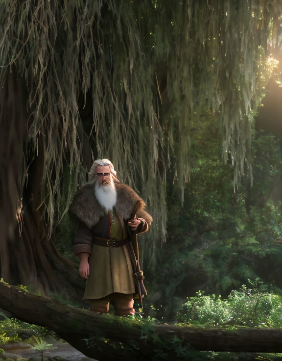 Elderly bearded man in medieval attire in forest with sunbeams