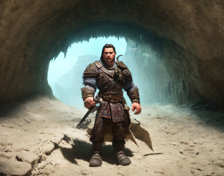 Dwarf in intricate armor with weapon in dusty cave