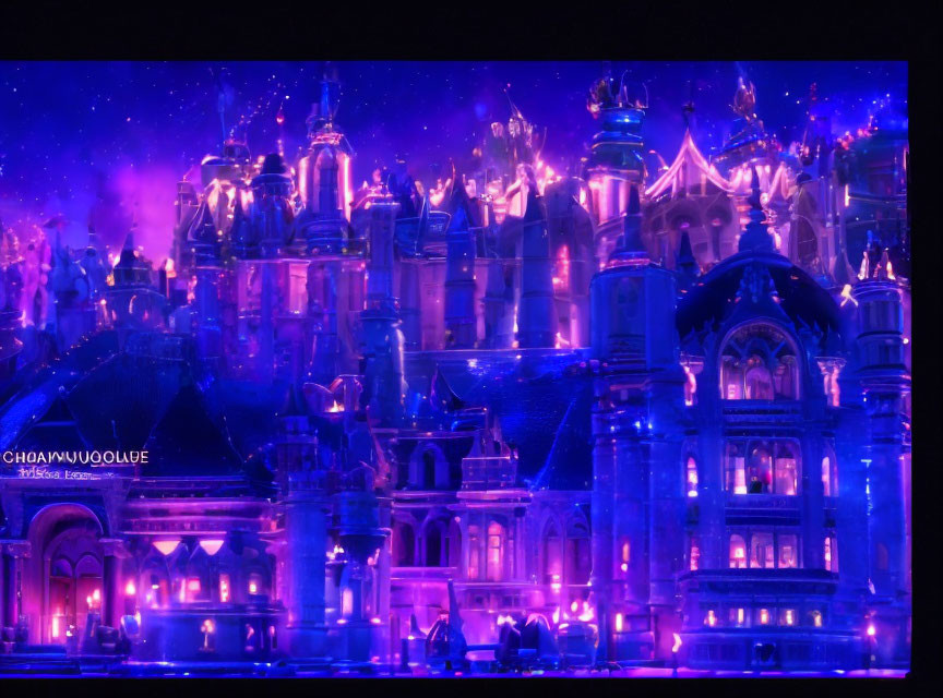 Fantasy castle at night with neon lights and stars in purple and blue hues