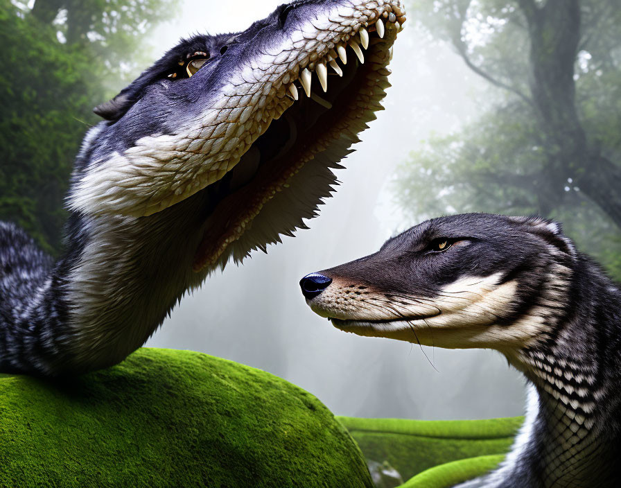 Dinosaur-like creatures in green foliage with foggy backdrop