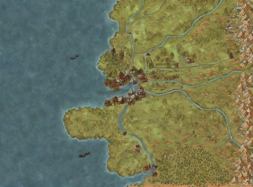 Medieval style illustrated map of coastal region with towns, roads, ships, and forest.