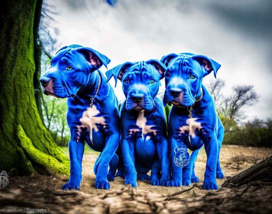 Three muscular blue-tinted dogs with striking eyes in a natural setting with trees and cloudy sky.