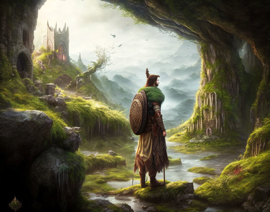 Warrior in Green Cloak Observing Mystical Valley Ruins