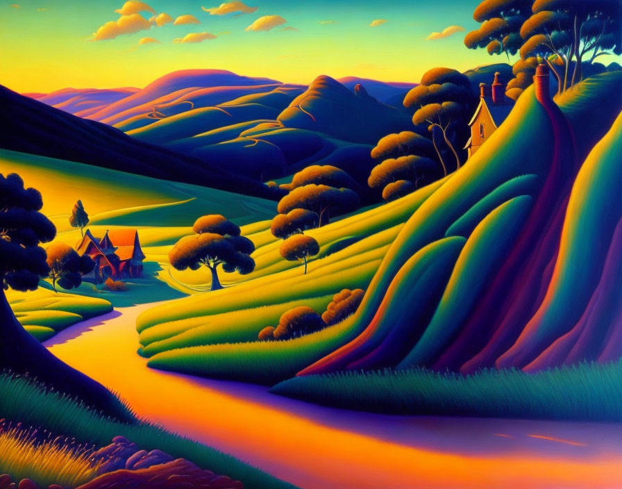Colorful landscape with rolling hills, river, and unique trees under vibrant sky