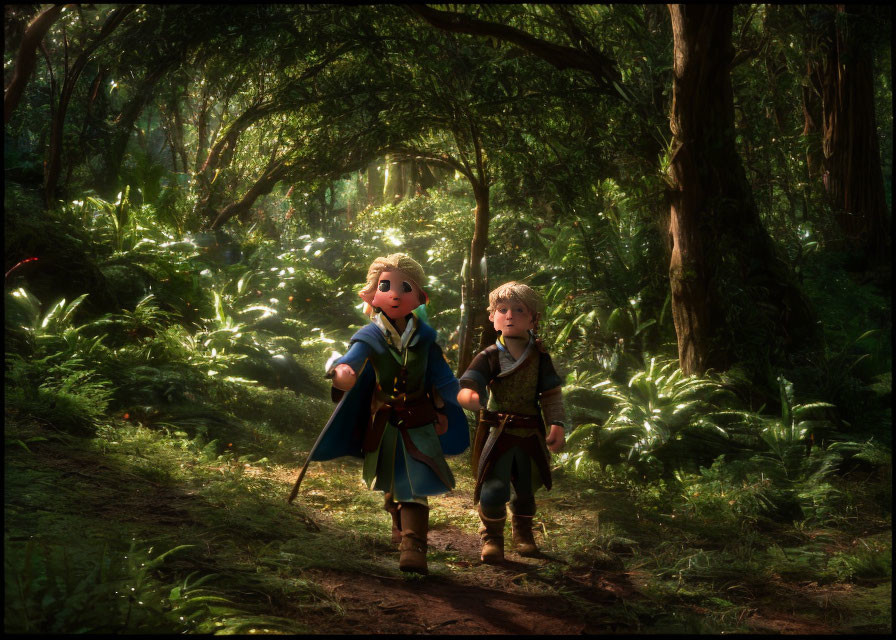 Animated boy and girl walking in sunlit mystical forest