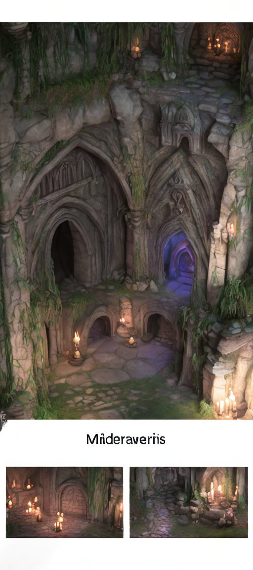 Gothic stone cave entrance with candlelight, glowing crystals, and green vines