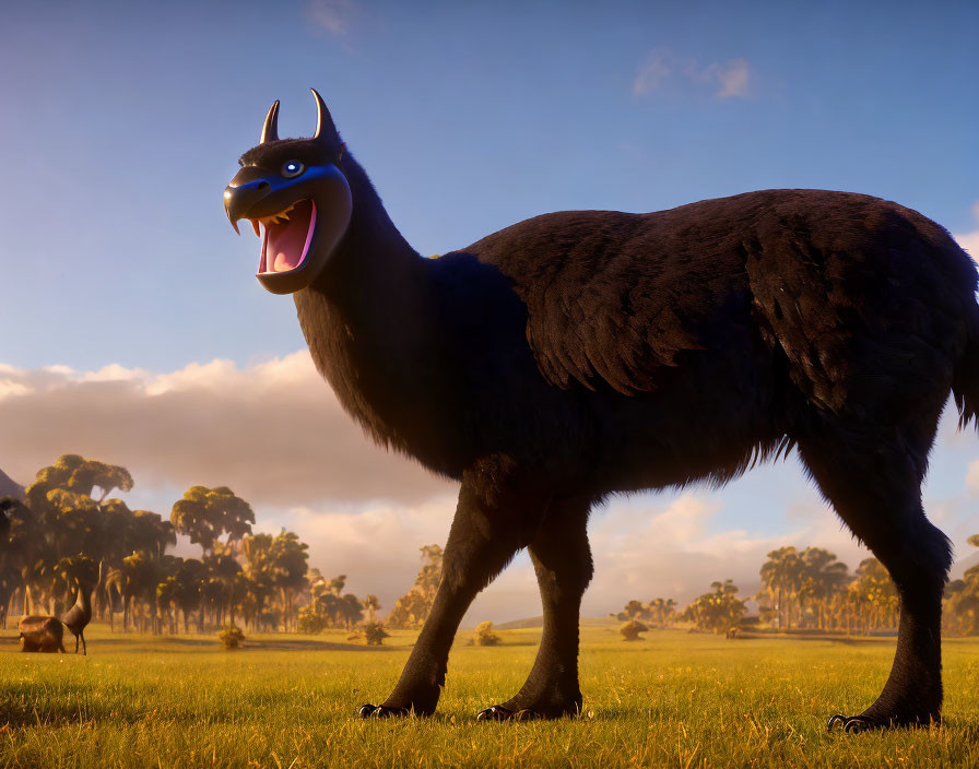 Exaggerated features on stylized animated llama in sunny grassland