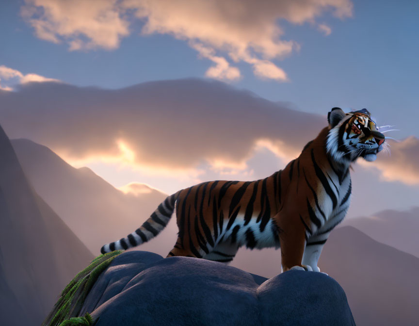 Majestic animated tiger on rock with mountain backdrop