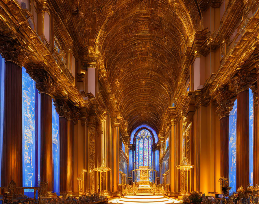 Baroque church interior with golden decor and stained glass windows