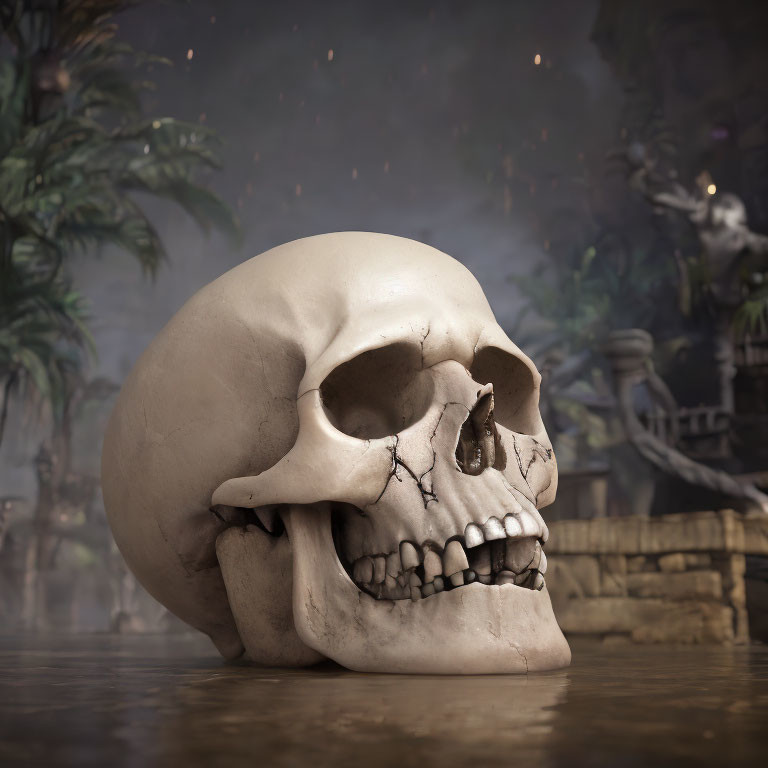 Large human skull with cracked cranium in misty jungle setting with ruins.