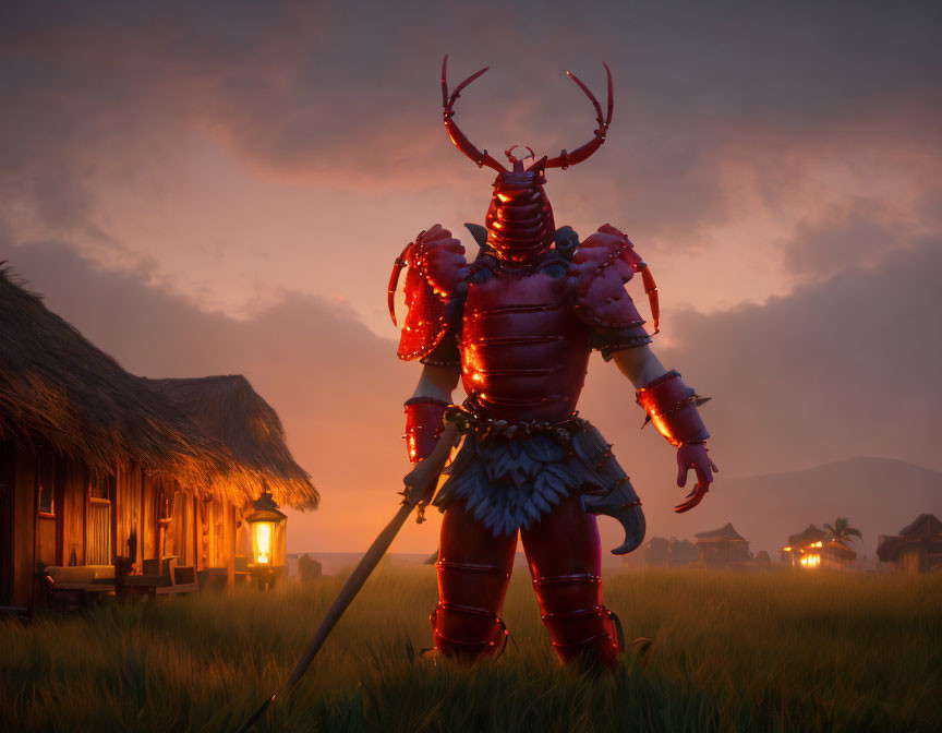 Digital Artwork: Warrior in Red Armor with Lobster Helmet in Peaceful Village at Dusk