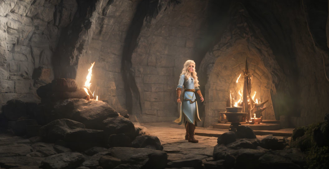 Female warrior in fantasy attire standing in torch-lit cave