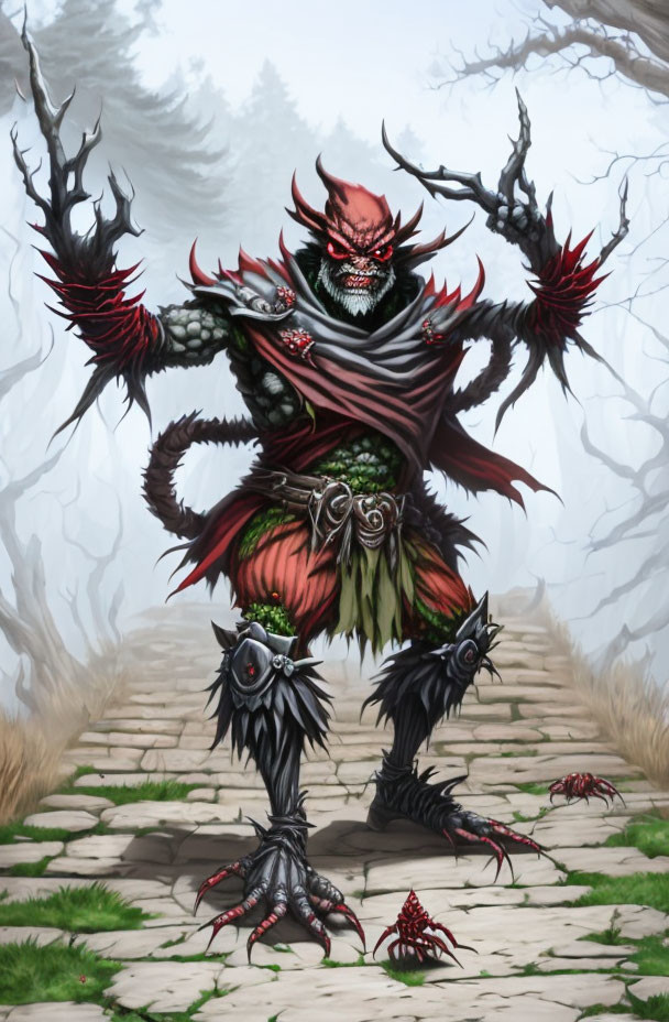 Menacing fantasy creature in spiked armor on foggy path with barren trees