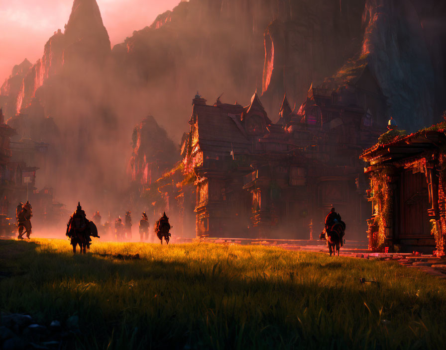 Mystical village at sunset with riders and misty mountains