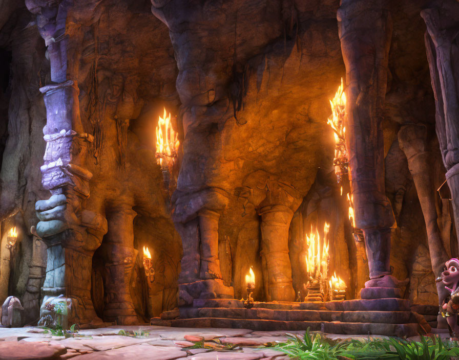 Animated cave interior with purple crystals and lit torches