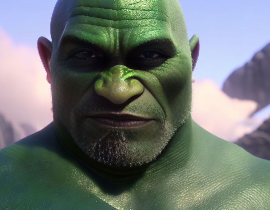 Muscular, Green-Skinned Character with Bald Head and Goatee under Cloudy Sky