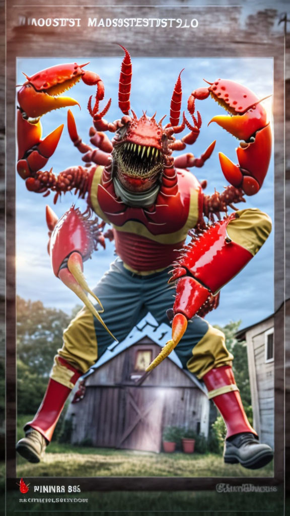 Graphic of humanoid figure in lobster-inspired costume with menacing pose