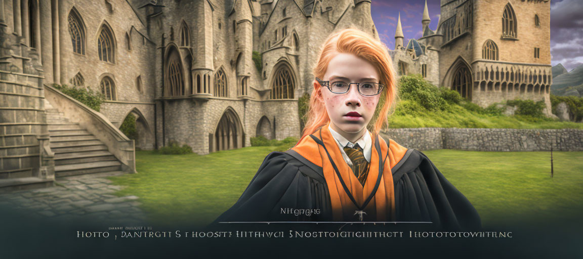 Young student in wizardry attire at ancient castle with house scarf.