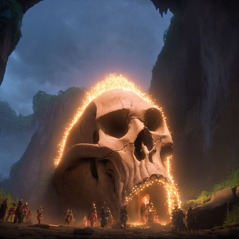 Giant skull structure with glowing lights in mystical cave scene
