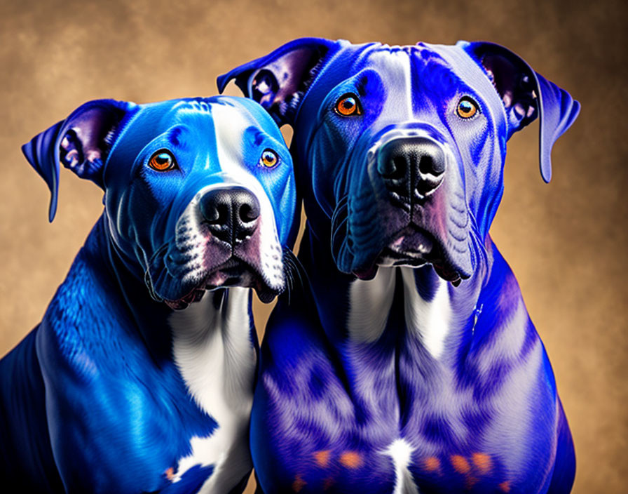 Blue-toned dogs with piercing eyes on brown backdrop.