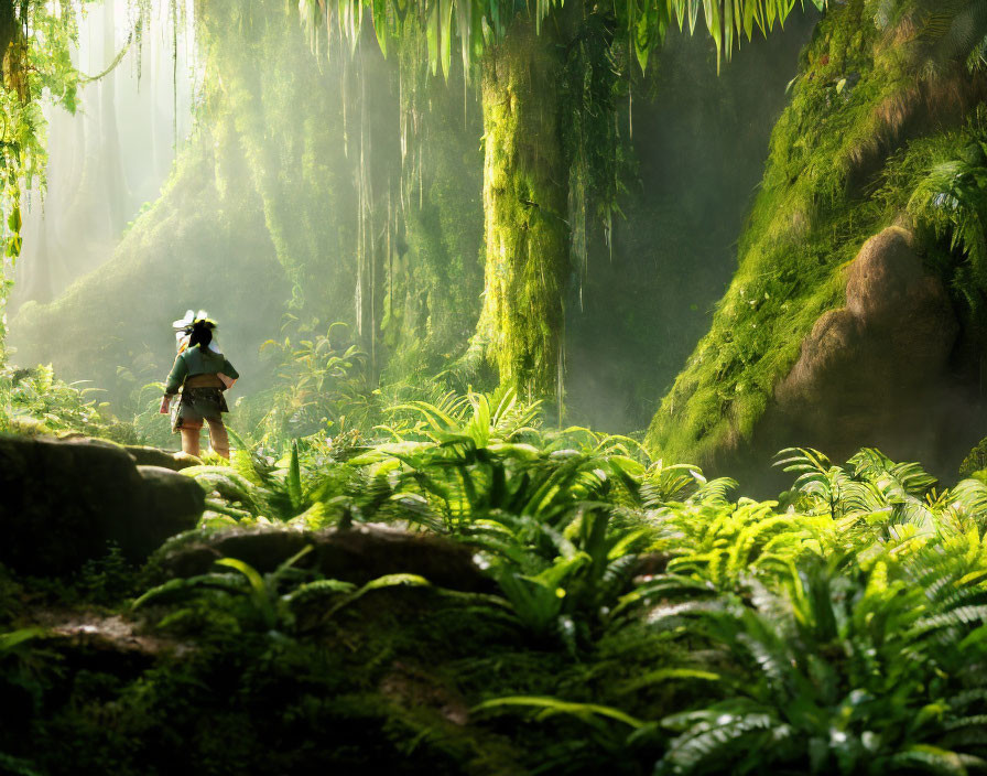 Person standing in lush green forest with sunlight and mist.
