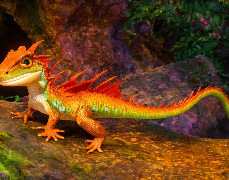 Colorful Orange Toy Lizard with Red Spines on Rock in Blurred Background