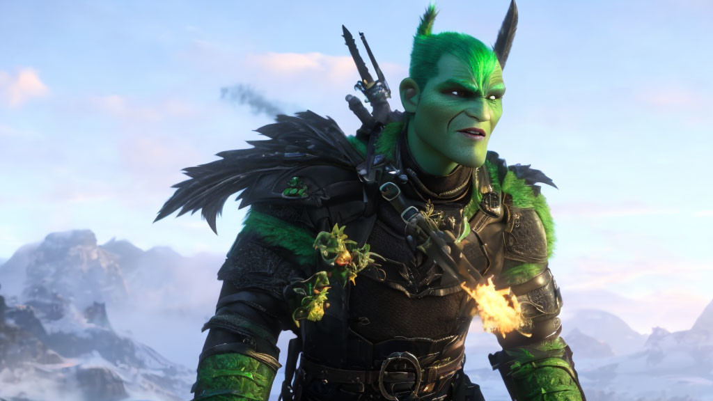 Green-skinned character in black armor with flame, snowy mountain backdrop