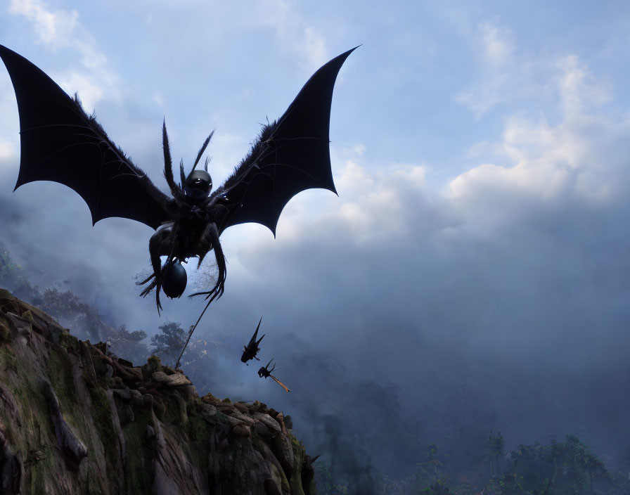 Giant bat flying over rocky cliff under cloudy sky