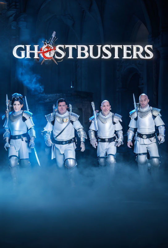Four individuals in medieval armor under "Ghostbusters" logo with comedic expressions