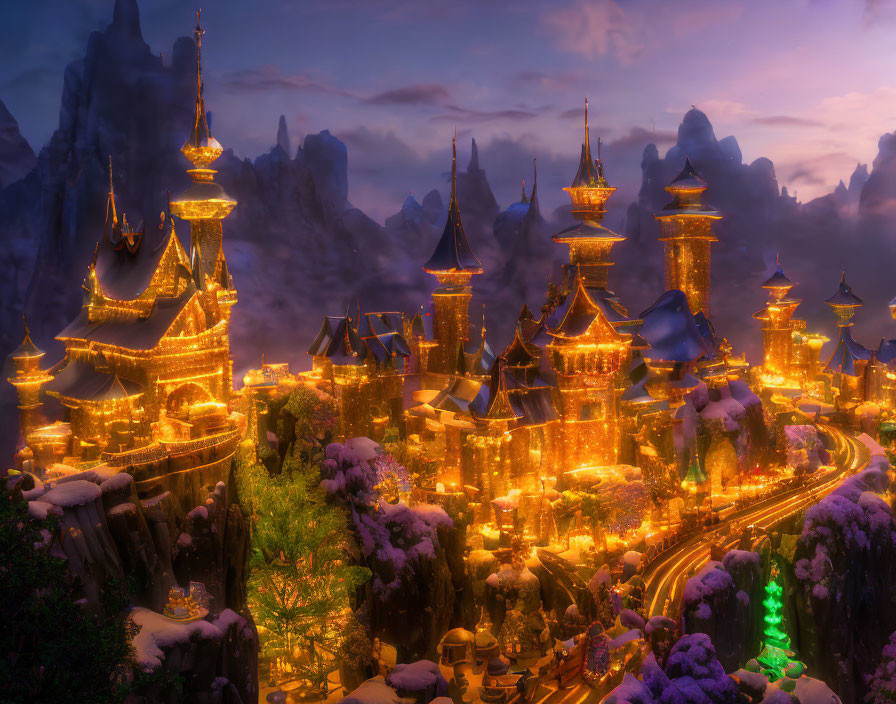 Snow-covered fantasy village with illuminated towers in magical winter scene