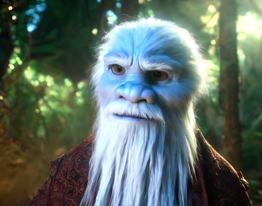 Blue-skinned animated character with long white beard in enchanted forest.