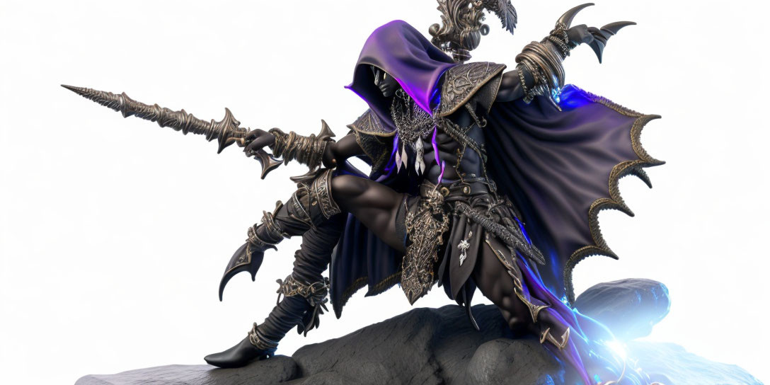Armored fantasy warrior 3D illustration with spear and cape on rock