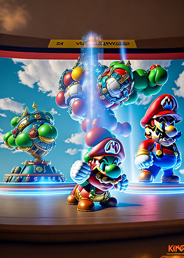 Mario and Luigi show respect to digital Bowser characters in "Mario Kart" game.