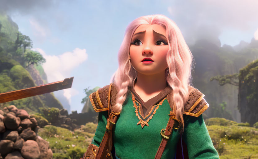 Animated female character with pink hair in green outfit gazes at forest background