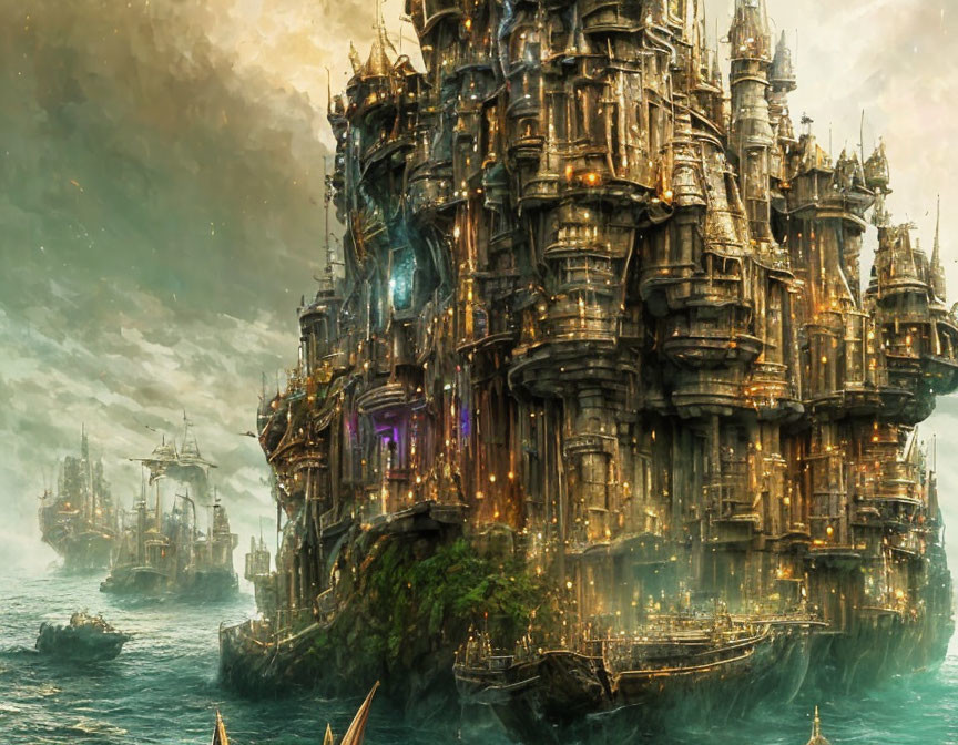 Massive steampunk floating city structures above the ocean with ships sailing under dramatic sky