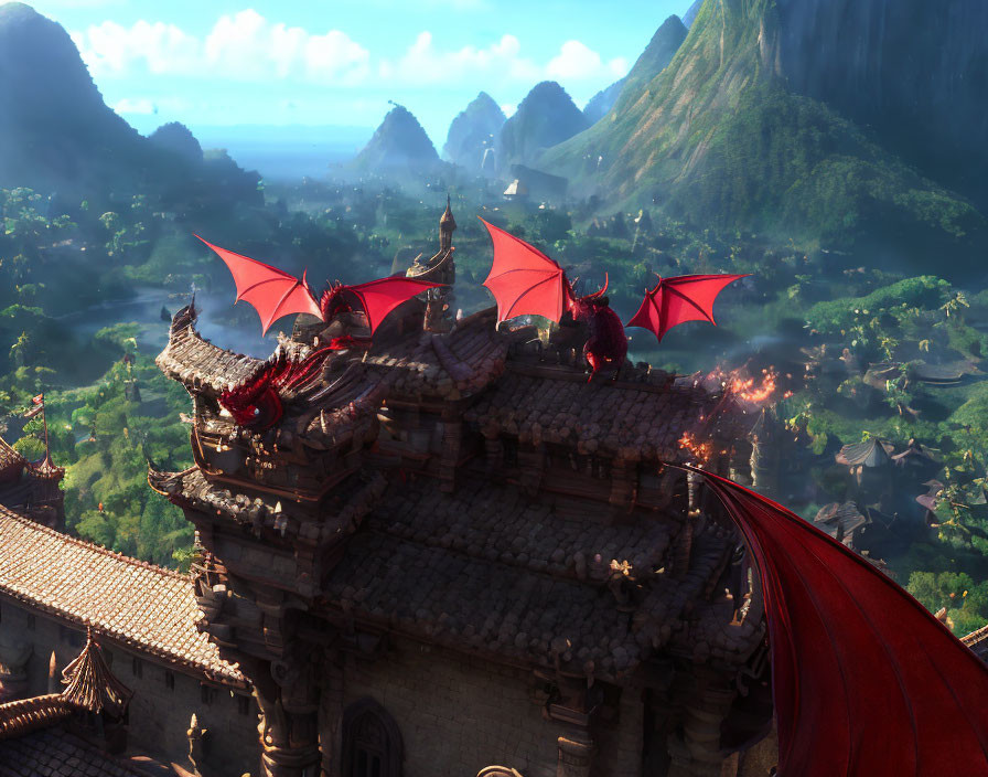 Majestic red dragons on ornate temple with green valleys and misty mountains