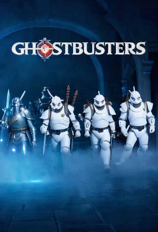 Four individuals in medieval armor and fantasy Ghostbuster costumes posing with weapons in misty setting