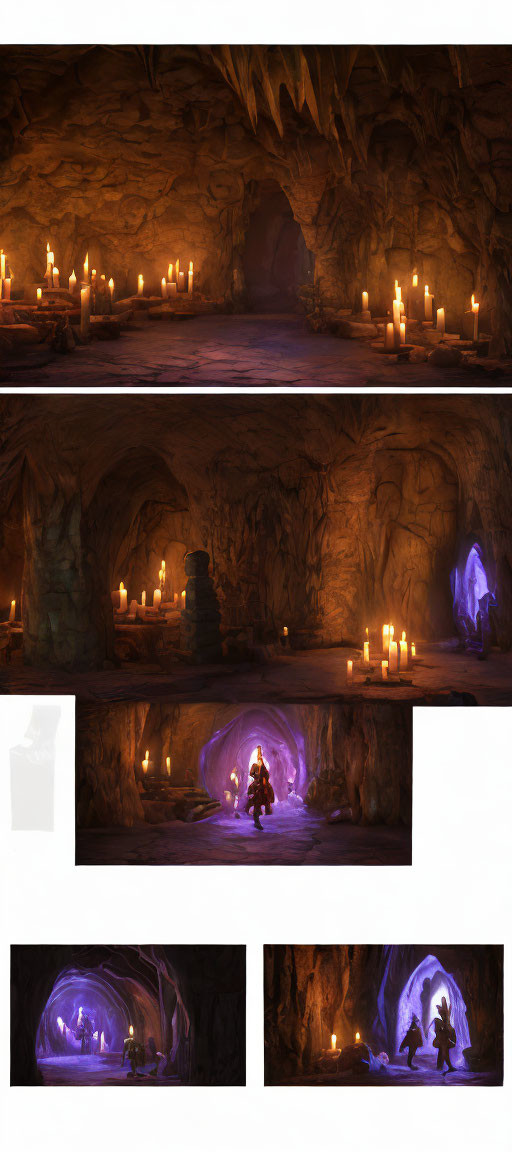 Progression through candlelit cave to encounter mysterious cloaked figure beside glowing purple crystal