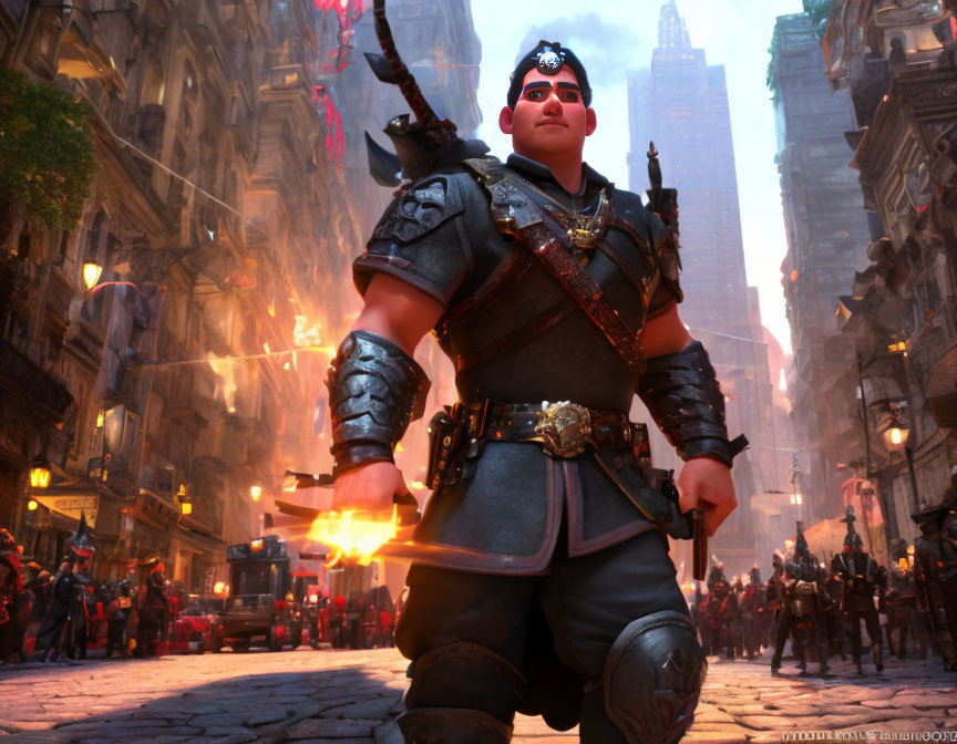 Animated warrior with sword in medieval city street under dramatic lighting