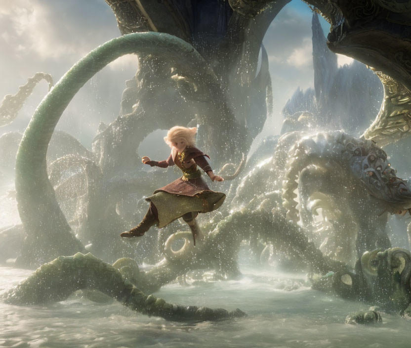 Character leaping from sea creature's tentacle in dynamic ocean scene.