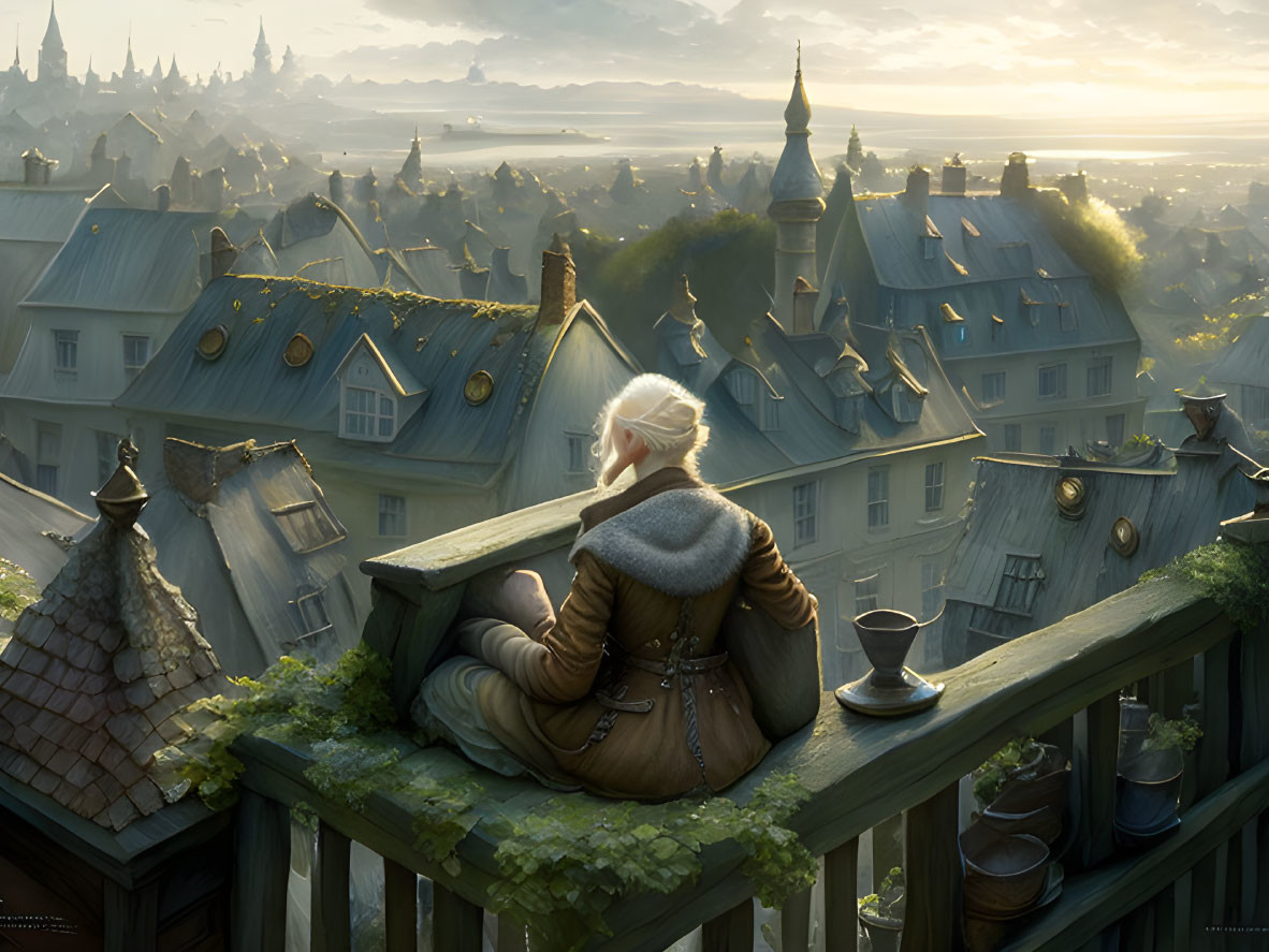 White-Haired Person Overlooks Fantasy Medieval Town at Sunset