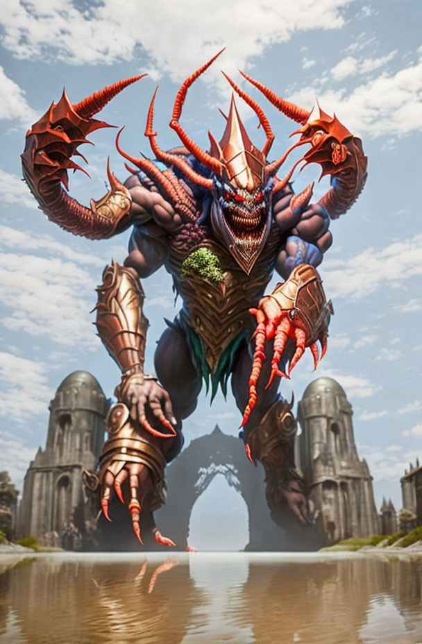 Fantasy creature with spiked armor, horns, and red claws at arched gateway.