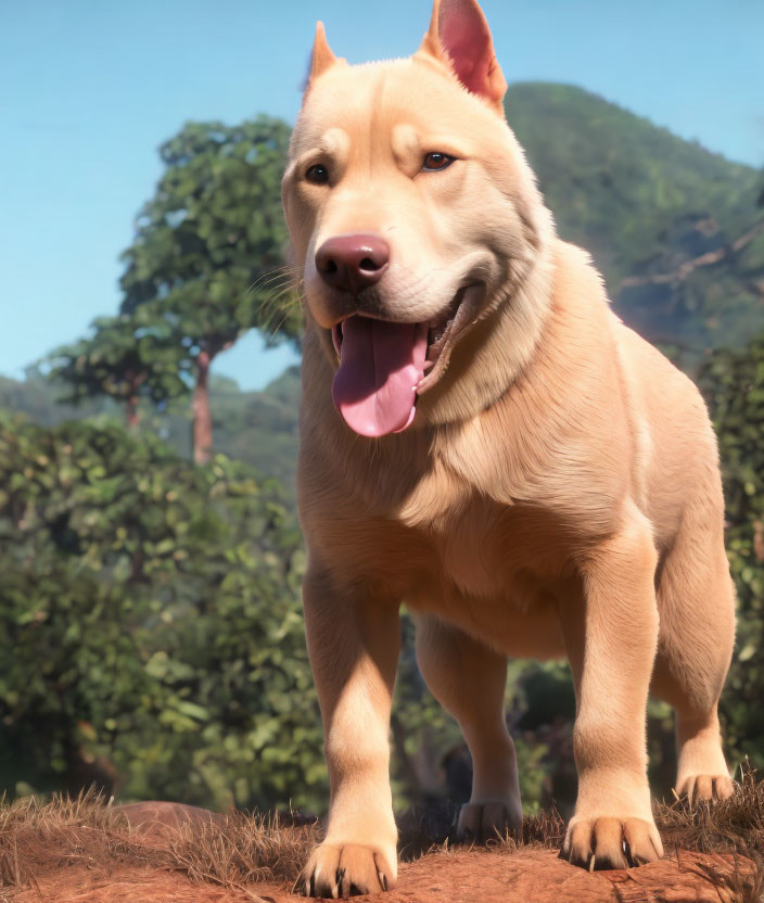 Creamy-coated animated dog on dirt mound with green hills in the background